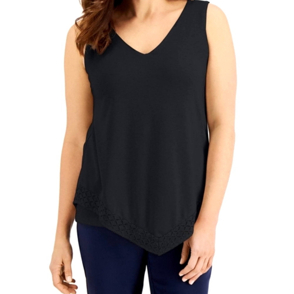 Jm Collection Lace style trimmed asymmetrical tank top, NEW